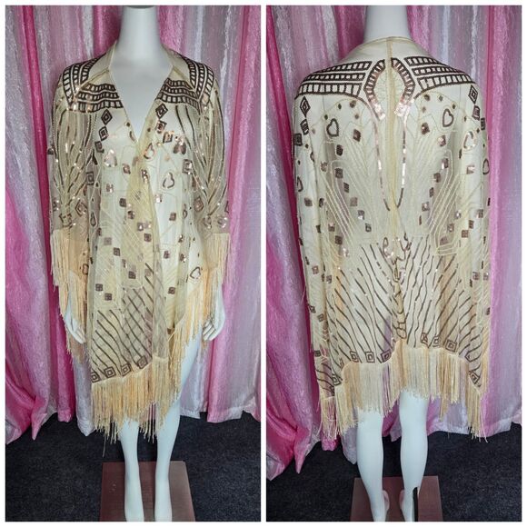 Exquisite Rose Gold Lace Fringe Beaded Sequin Shawl Wrap One Size - Picture 1 of 13